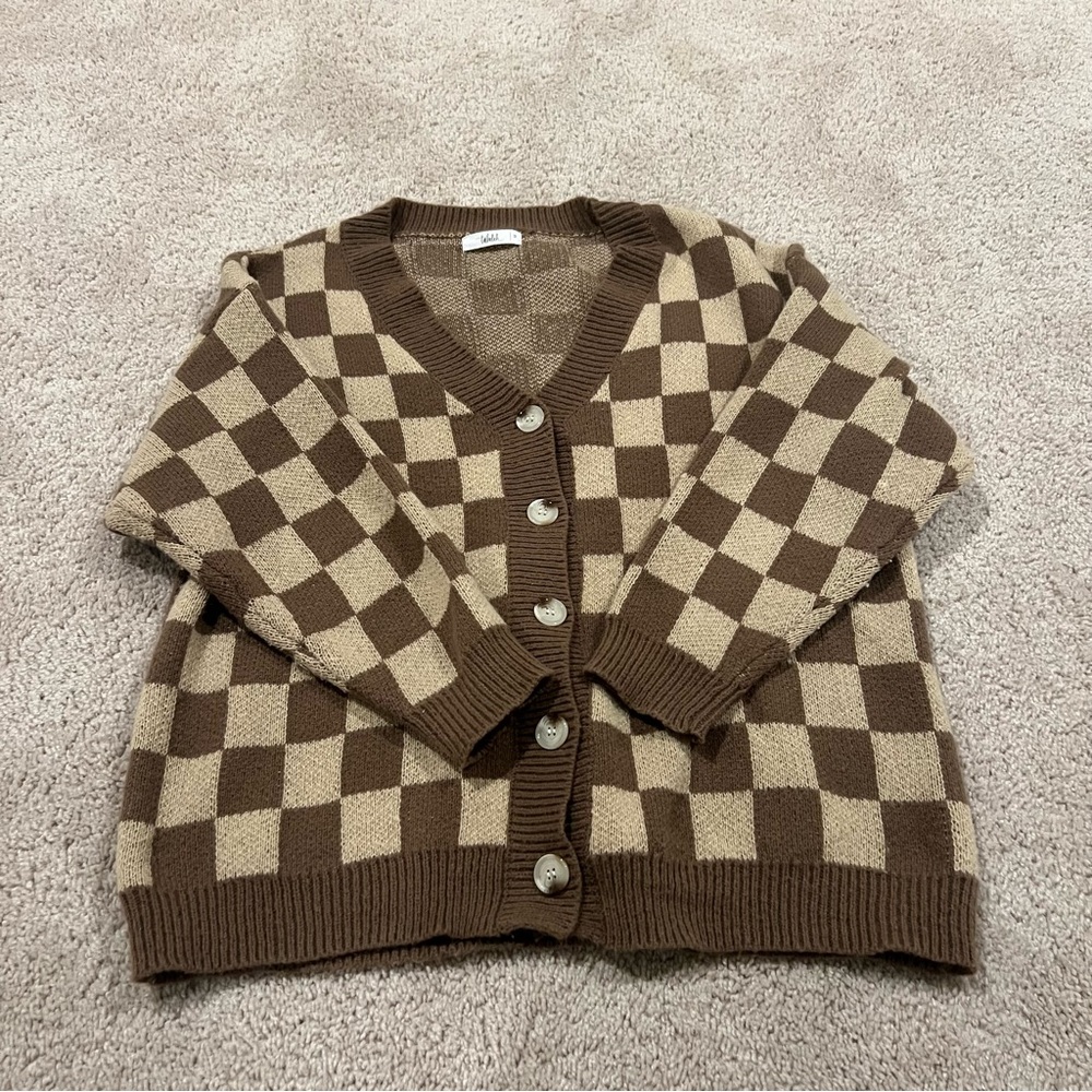 TALULAH Oversized Brown and Tan Checkered Cardigan